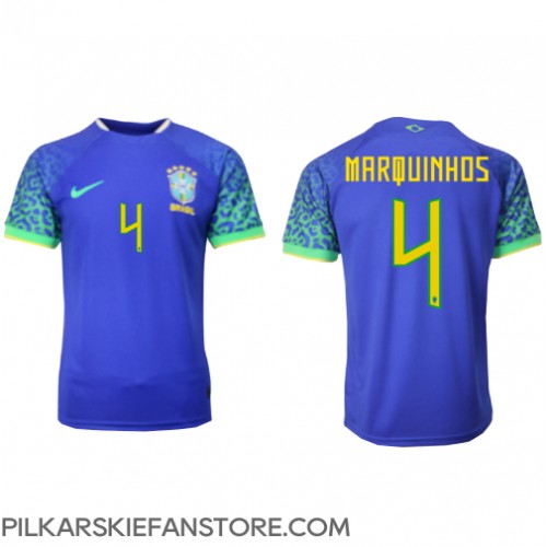 Tanie Strój piłkarski Brazylia Marquinhos #4 Koszulka Wyjazdowej MŚ 2022 Krótkie Rękawy